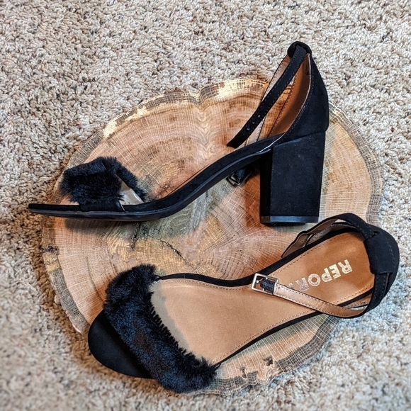 HOLIDAY Sexy Suede & Faux Fur Heel with Ankle Strap Sliver Buckle EUC! SZ 8.5 - Picture 2 of 11